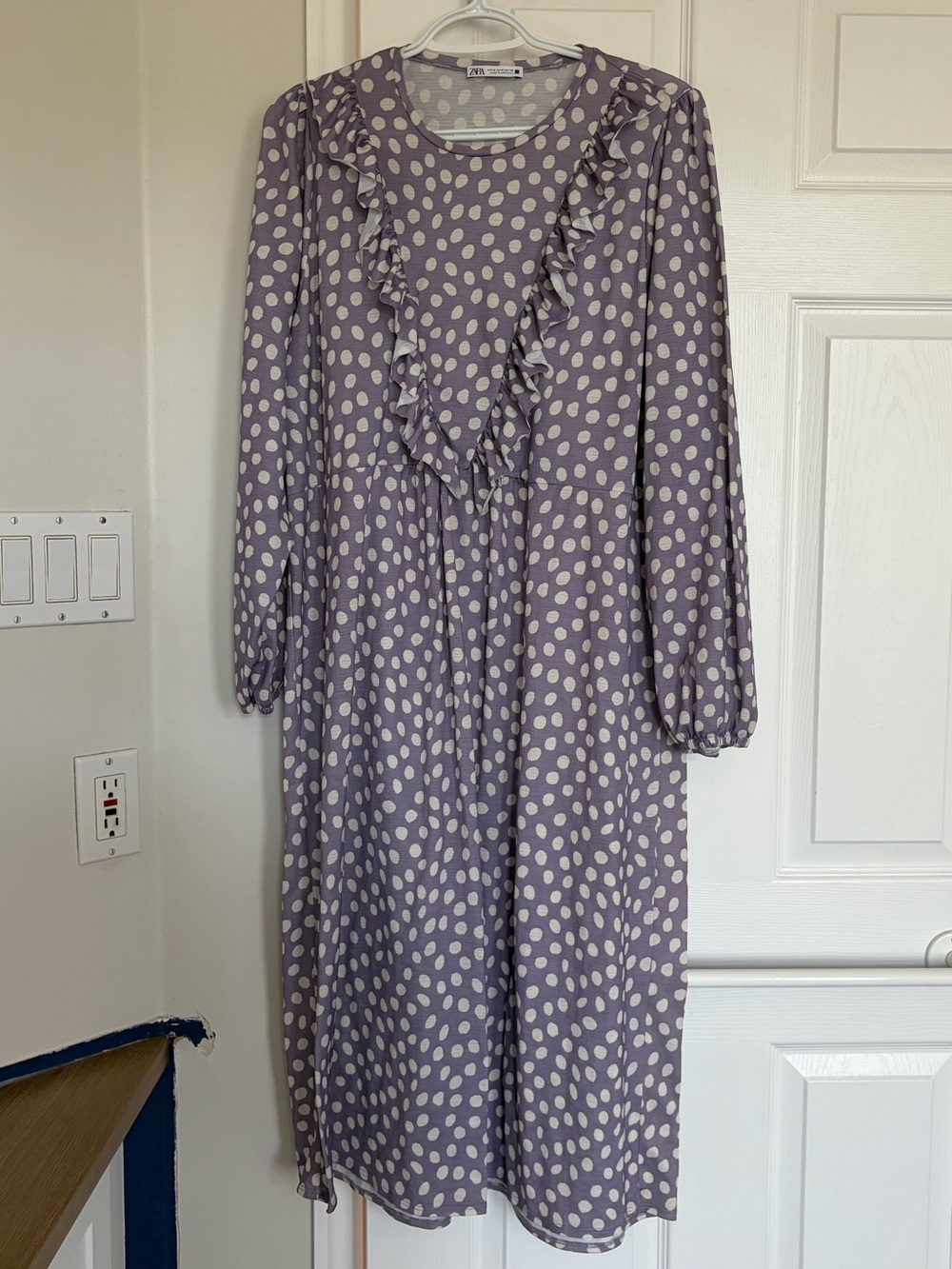 Zara Lavender Polka Dot Ruffle Long-Sleeve Midi Dress